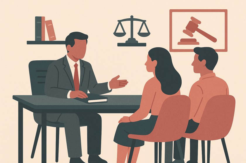 Illustration of a law office with people consulting a lawyer
